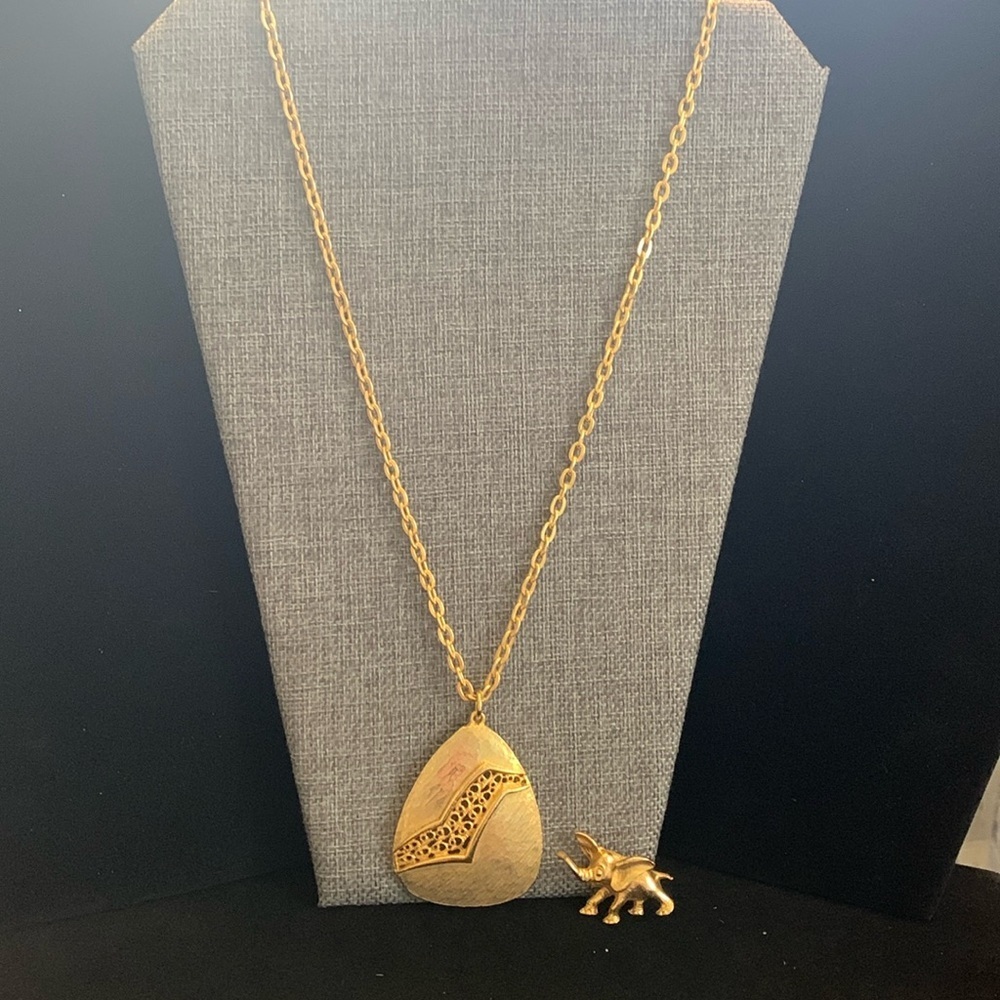 Vintage Gold Tone Long Necklace (23”) & Elephant Pin/Brooch - Picture 1 of 8